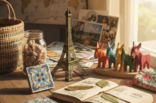A collection of Travel Souvenir Ideas displayed on a wooden desk, including a miniature Eiffel Tower replica, a handwoven basket, a jar of seashells, traditional patterned tiles, colorful wooden toy animals, an open travel journal, and postcards.
