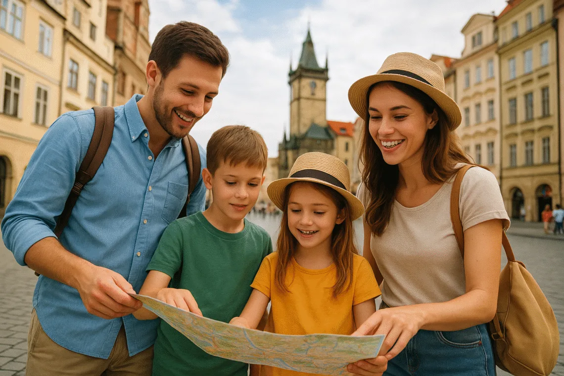 Family enjoying sightseeing in Europe, with children exploring landmarks and having fun together.