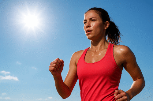 A fit woman exercising outdoors in hot sunny weather to burn more calories in the heat.