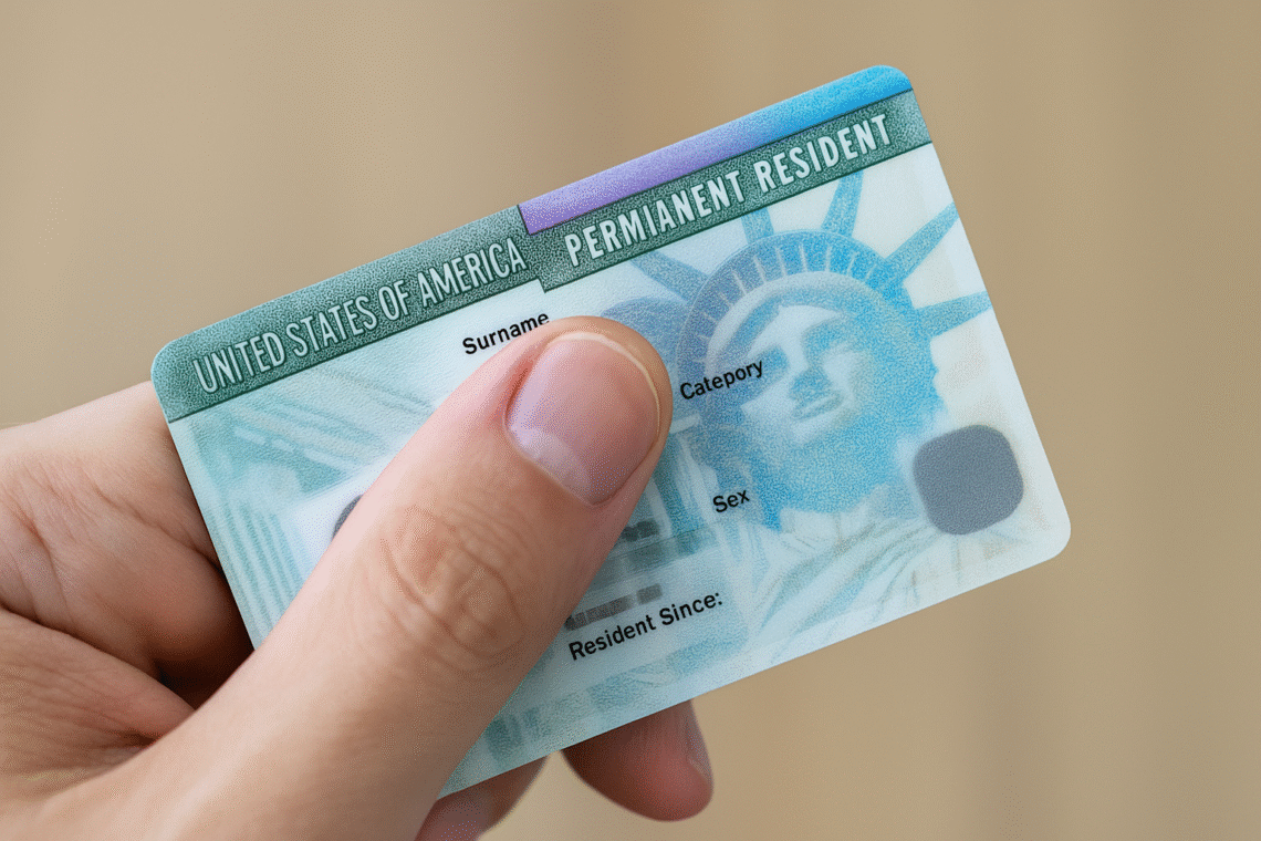 A close-up of a person holding a United States permanent resident card (Green Card) in hand.