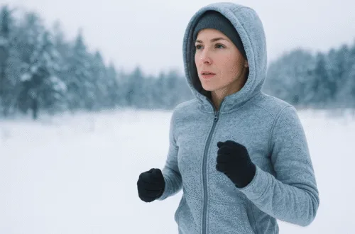 A woman running outdoors in cold weather, showing how exercising in the cold can help burn more calories and improve metabolism naturally.