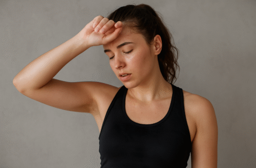 A young woman sweating after an intense workout, sitting on the gym floor and wiping her face with a towel.