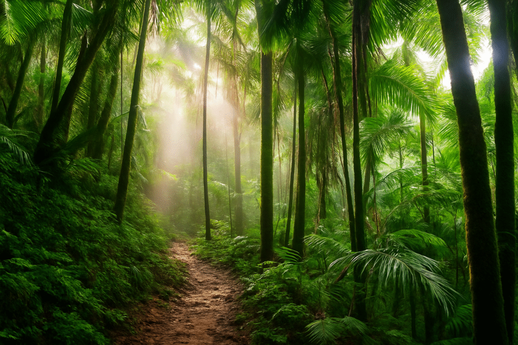 El Yunque National Forest in Puerto Rico with lush greenery and sunlight streaming through tropical trees.
