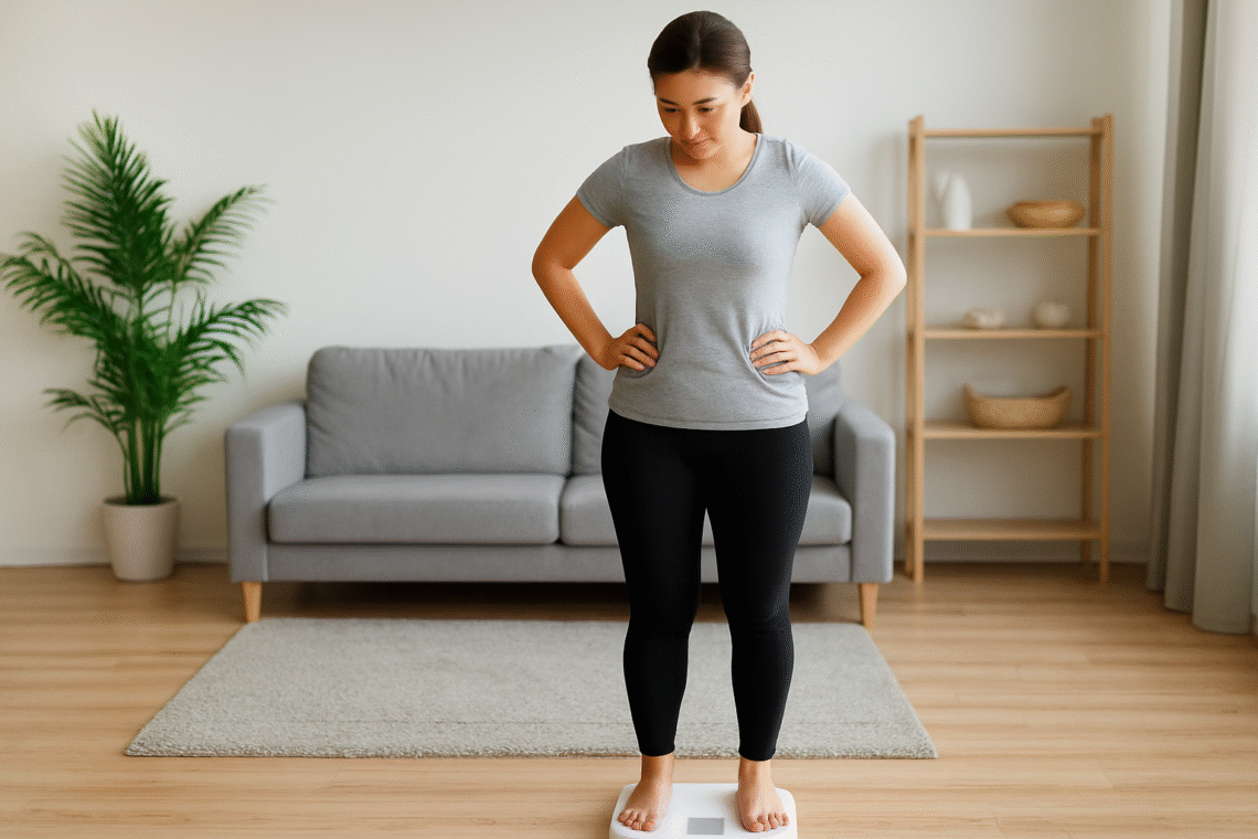 A young woman standing on a home weighing scale, checking her weight in a bright, minimalistic room.