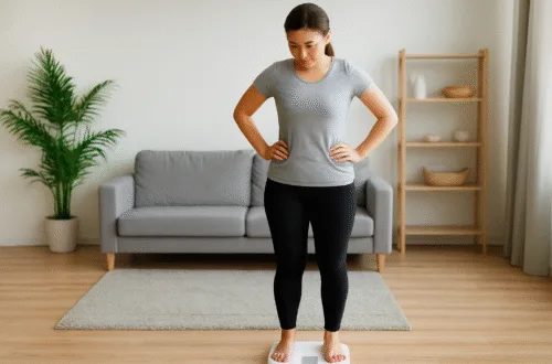 A young woman standing on a home weighing scale, checking her weight in a bright, minimalistic room.