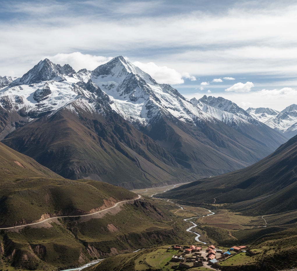 A majestic view of the Andes mountain range, featuring towering, snow-capped peaks partially veiled by clouds. In the foreground, a winding river flows through a valley, near which a small cluster of buildings with earth-colored roofs is situated. Steep, grassy mountainsides slope down into the valley, and a dirt road traverses the terrain. The scene is serene and remote, emphasizing the vastness of the Andes.