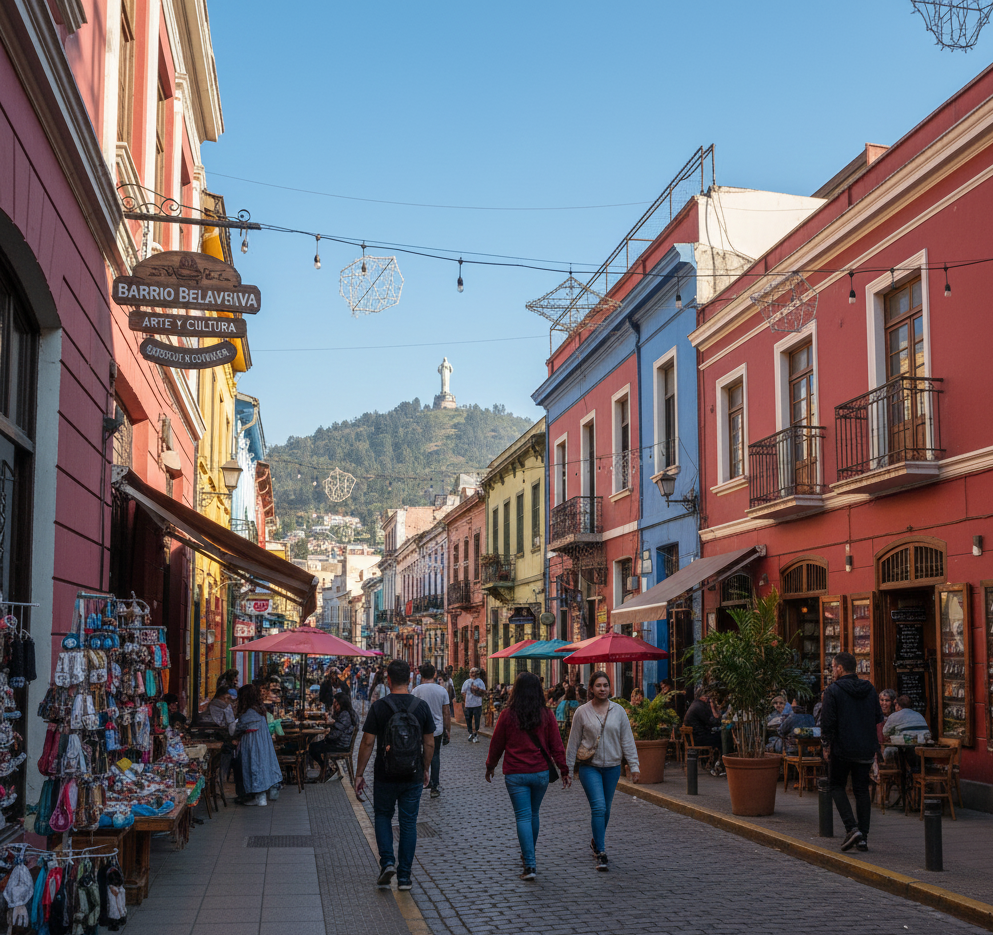 A view of a lively street in Barrio Bellavista in Santiago, Chile. The street is lined with colorful buildings, cafes, and souvenir shops. Pedestrians are walking on the cobblestone street, and the statue of the Virgin Mary on San Cristóbal Hill is visible in the distant background.