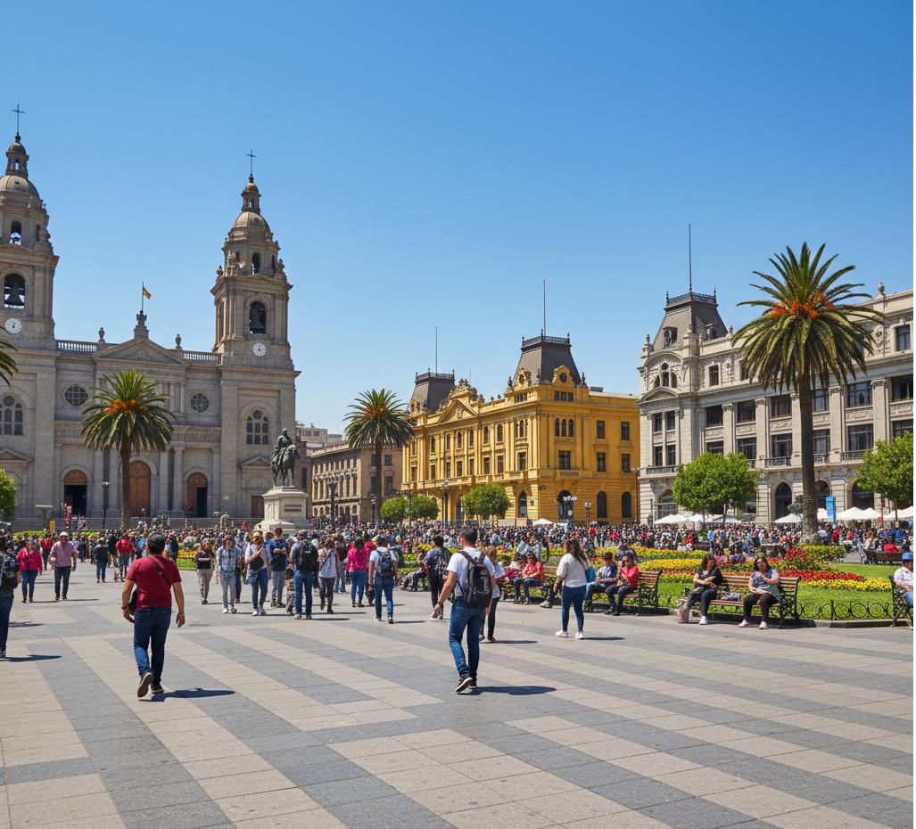 A wide-angle view of the Plaza de Armas in Santiago, Chile, on a bright, sunny day. The foreground shows a large public square with striped paving stones, where people are walking and sitting on benches. To the left, the twin towers of the Santiago Metropolitan Cathedral are visible, adjacent to the yellow Correos de Chile (Post Office) building. The square is lined with lush greenery and palm trees, set against a clear blue sky.