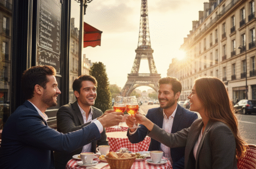 A group of five young adults (all over the legal drinking age of 18 in France), toast with wine glasses at an outdoor French cafe with the Eiffel Tower in the background.