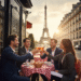 A group of five young adults (all over the legal drinking age of 18 in France), toast with wine glasses at an outdoor French cafe with the Eiffel Tower in the background.
