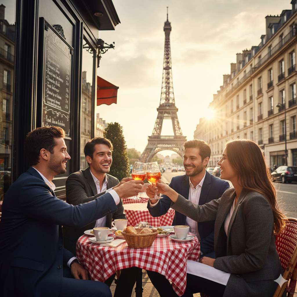 A group of five young adults (all over the legal drinking age of 18 in France), toast with wine glasses at an outdoor French cafe with the Eiffel Tower in the background.