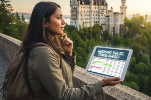 How Much Does It Cost to Go to Germany? A young woman with a backpack gazes thoughtfully at Neuschwanstein Castle in Germany at sunset, while holding a tablet displaying a travel budget spreadsheet.