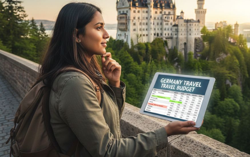 How Much Does It Cost to Go to Germany? A young woman with a backpack gazes thoughtfully at Neuschwanstein Castle in Germany at sunset, while holding a tablet displaying a travel budget spreadsheet.
