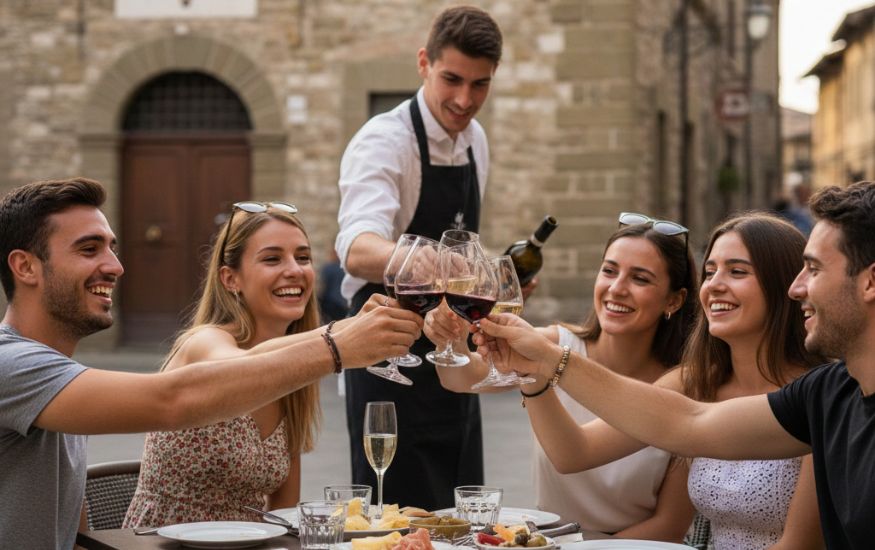 A group of five young adults (all over the legal drinking age of 18 in Italy), toast with wine glasses at an outdoor Italian cafe.