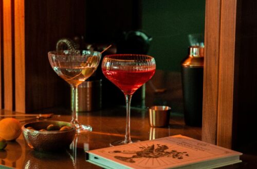 A close-up view of two cocktails on a bar counter, one with a red drink and the other with a clear drink, accompanied by a bowl of olives and a book, creating a cozy bar scene. What Is the Drinking Age in Mexico?