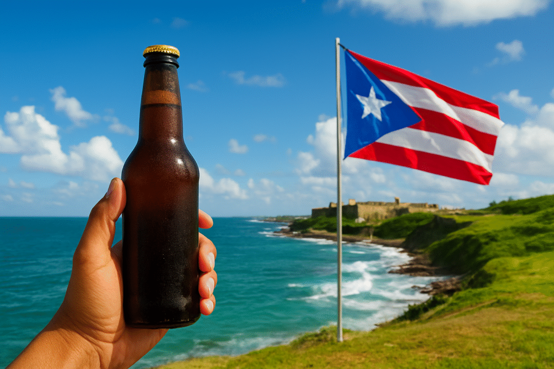 A person holding a cold beer bottle with the Puerto Rican flag waving near the ocean, representing Puerto Rico’s relaxed drinking age culture.