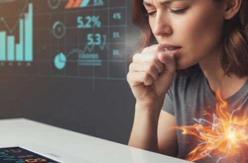 A girl coughing into his hand with steam coming from his mouth, overlaid with an orange, fiery glow on his chest representing energy expenditure or calories burned. In the background, holographic data displays show charts and percentages, and a device in the foreground displays a digital readout that includes the word "CALORIES". This visual metaphor explores the surprising fact: Does Coughing Burn Calories.