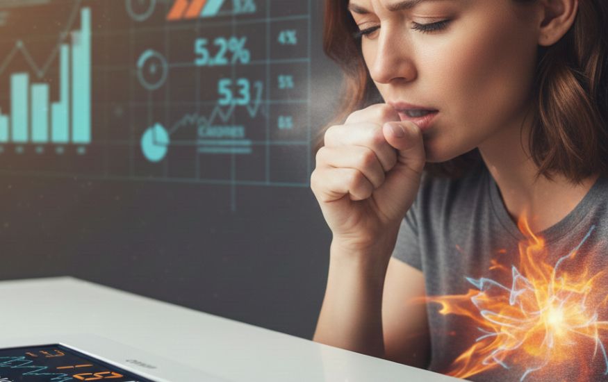 A girl coughing into his hand with steam coming from his mouth, overlaid with an orange, fiery glow on his chest representing energy expenditure or calories burned. In the background, holographic data displays show charts and percentages, and a device in the foreground displays a digital readout that includes the word "CALORIES". This visual metaphor explores the surprising fact: Does Coughing Burn Calories.