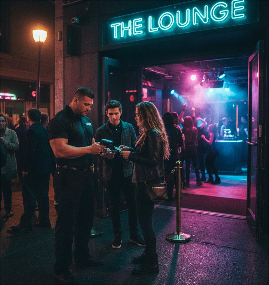 A bouncer in a black security shirt checks the IDs of a young man and woman outside a neon-lit nightclub called "THE LOUNGE." The entrance glows with vibrant magenta and cyan lights, showing a busy dance floor inside. The scene captures the nightlife energy of a street in Puerto Rico.