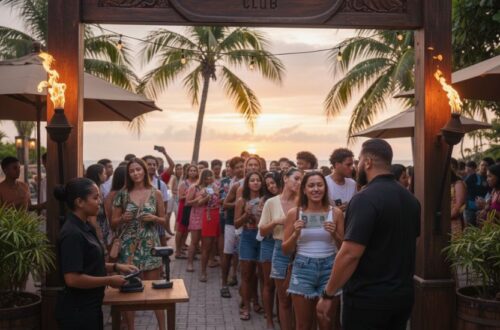 Do They Check IDs in Puerto Rico A night scene at the entrance of a tropical, open-air club called "El Santo Club," where a smiling security guard is checking a young woman's photo ID. The woman and her friend are standing under a wooden archway with burning torches, and behind them is a crowd of people waiting to enter, with palm trees visible against a sunset sky.