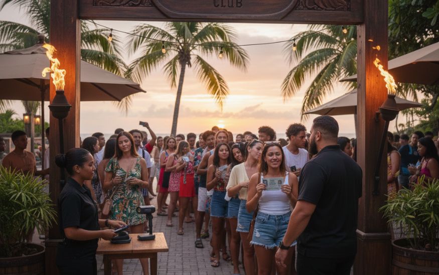 Do They Check IDs in Puerto Rico A night scene at the entrance of a tropical, open-air club called "El Santo Club," where a smiling security guard is checking a young woman's photo ID. The woman and her friend are standing under a wooden archway with burning torches, and behind them is a crowd of people waiting to enter, with palm trees visible against a sunset sky.