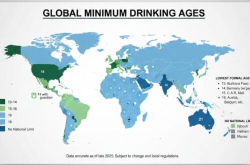 A global infographic map answering the question: "Where is the youngest drinking age?" by highlighting countries like Burkina Faso (13), Germany (14 with parents), and Mali (15) alongside a color-coded legend of worldwide alcohol laws.