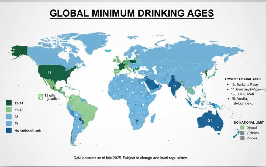 A global infographic map answering the question: "Where is the youngest drinking age?" by highlighting countries like Burkina Faso (13), Germany (14 with parents), and Mali (15) alongside a color-coded legend of worldwide alcohol laws.