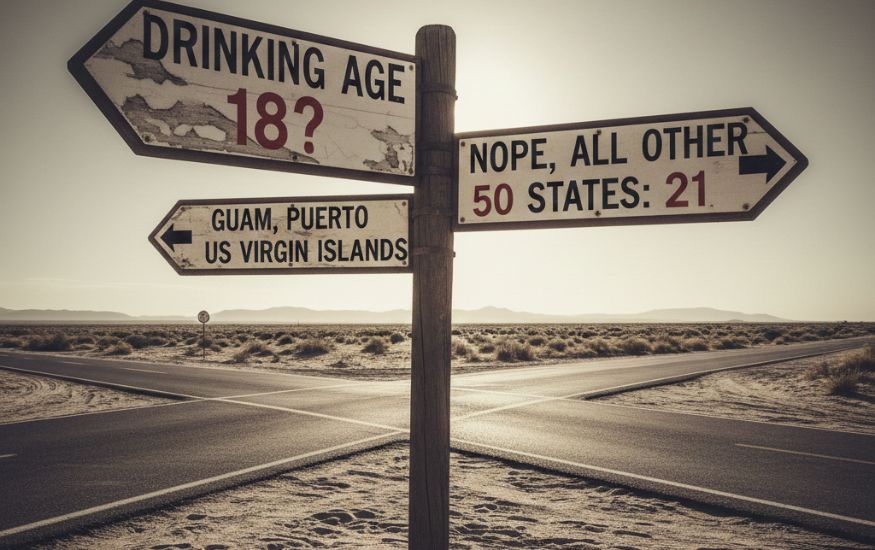 A vintage-style wooden signpost at a desert crossroads with three directional signs. One sign asks, "Is the Drinking Age 18 Anywhere in the United States?" while the others point toward US territories and the 50 states, indicating the legal age differences.