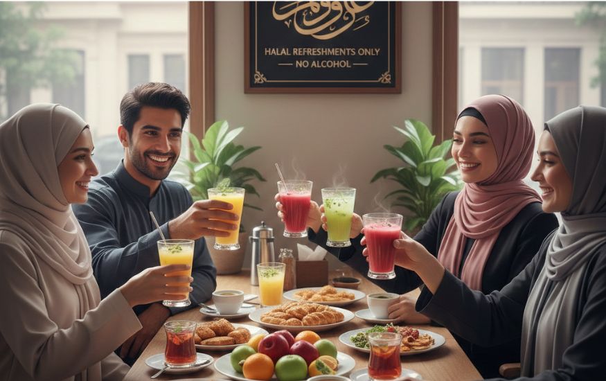 A group of smiling Muslims at a dining table raising glasses of colorful fruit juice and tea. A sign in the background reads "Halal Refreshments Only - No Alcohol." This visual addresses the question: Do Muslims Drink Alcohol?
