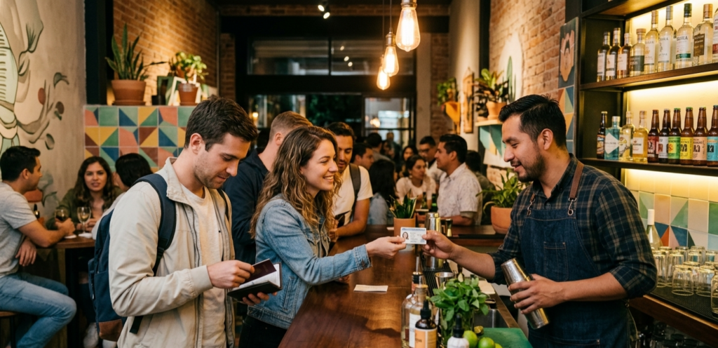 Young adult tourists presenting their identification and passports to a bartender at a modern establishment to verify the Legal drinking age in Mexico.
