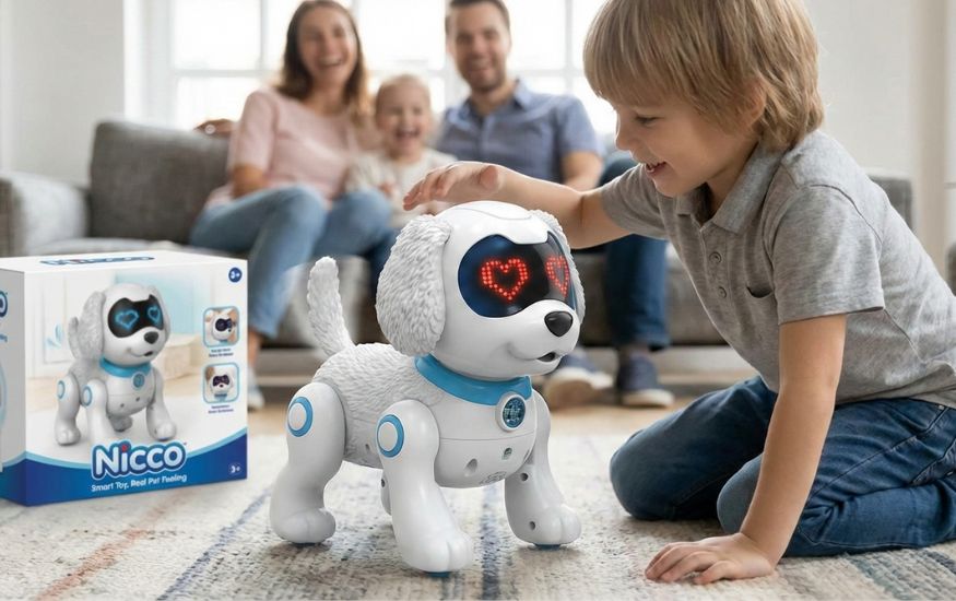A white and blue Nicco robot puppy with glowing red heart-shaped LED eyes being petted by a young boy on a living room rug, with the product box visible in the background.