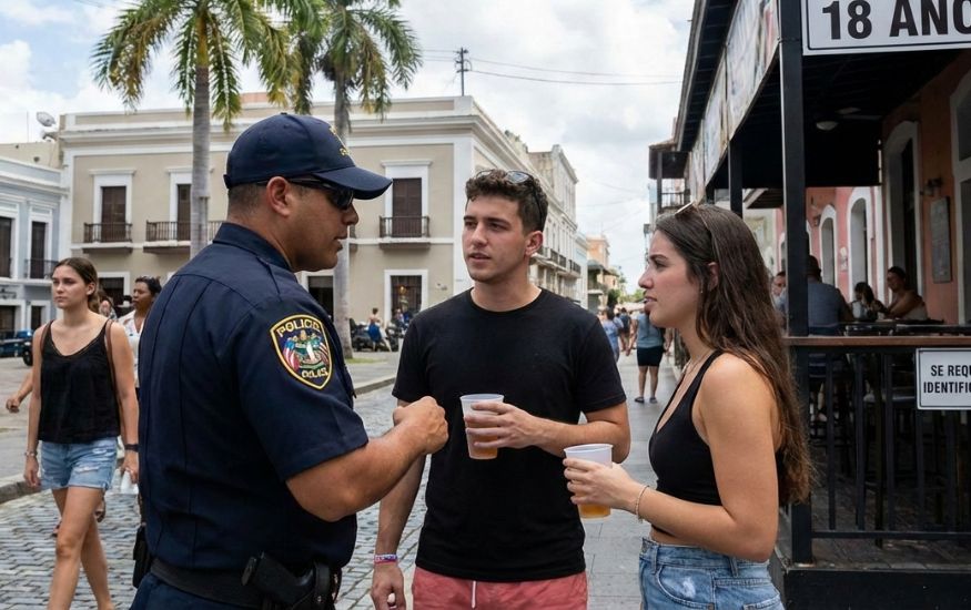 Is Puerto Rico Strict on the Drinking Age? A police officer in Old San Juan speaks with two young adults holding cups near a sign that states the minimum drinking age is 18.