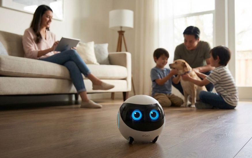 A small, spherical Ebo robot with glowing blue digital eyes sitting on a wooden floor in a sunlit living room, with a family and a dog interacting in the background.