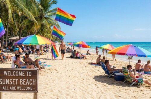 A sun-drenched photograph capturing a bustling gay beach scene. Rainbow pride flags and multicolored umbrellas dot the sand where diverse people are relaxing in lounge chairs. In the foreground, a wooden sign reads "Welcome to Sunset Beach - All are Welcome," with palm trees and turquoise ocean waves in the background.