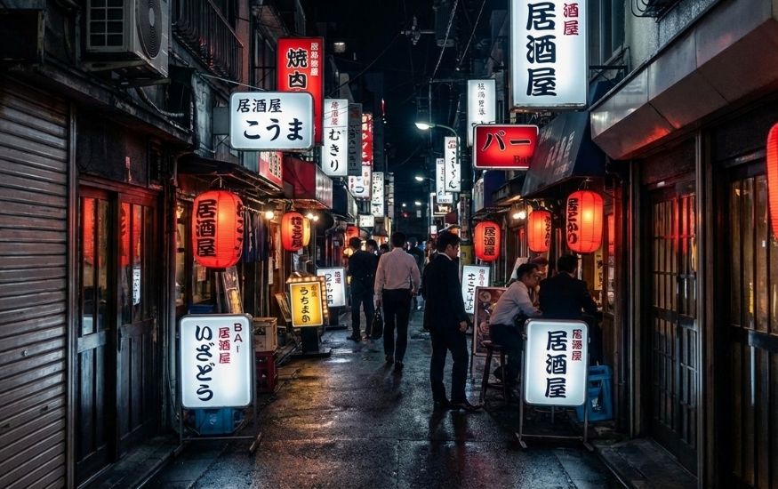 A narrow Japanese alleyway at night featuring glowing red lanterns and neon signs for traditional izakayas and bars.