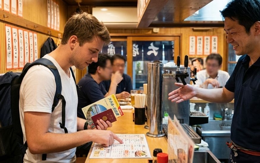 A foreign tourist in a Japanese bar holding a glass of sake, with a Japanese passport on the table, representing the legal drinking age in japan for foreigners