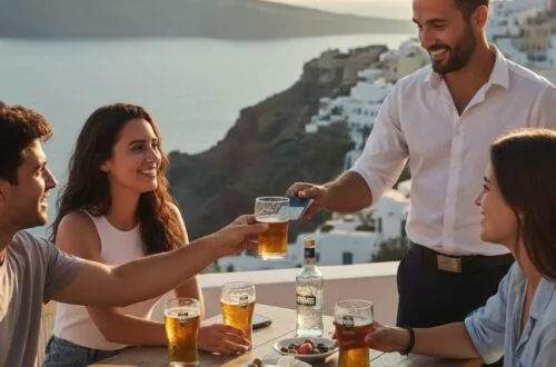 Glasses of Greek wine and Ouzo on a rustic wooden table at a seaside taverna, with white-washed buildings and the blue Mediterranean Sea in the background.drinking age in greece