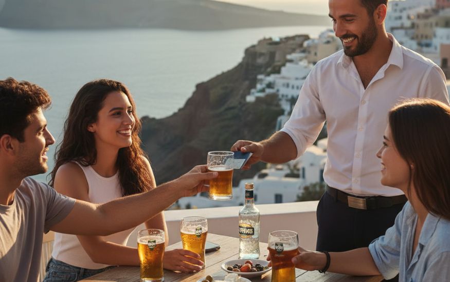Glasses of Greek wine and Ouzo on a rustic wooden table at a seaside taverna, with white-washed buildings and the blue Mediterranean Sea in the background.drinking age in greece