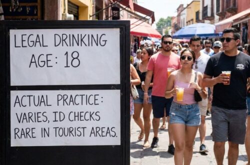 A black sign on a busy Mexican street explaining What Is the Legal Drinking Age in Mexico. The sign states that while the legal age is 18, actual practice varies and ID checks are rare in tourist areas.
