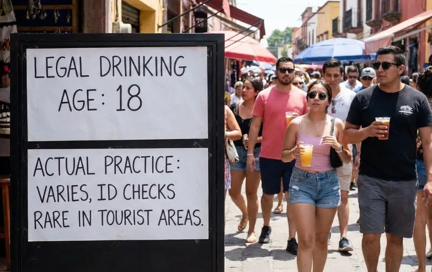 A black sign on a busy Mexican street explaining What Is the Legal Drinking Age in Mexico. The sign states that while the legal age is 18, actual practice varies and ID checks are rare in tourist areas.