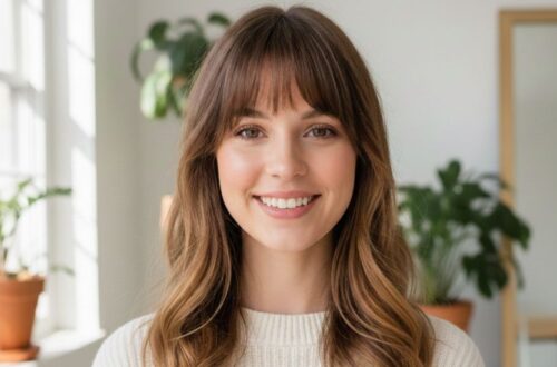 A professional hair how to style bangs guide featuring a woman with light brown wavy hair and a full fringe. The image includes circular inset photos of different bang styles and text listing styling options.
