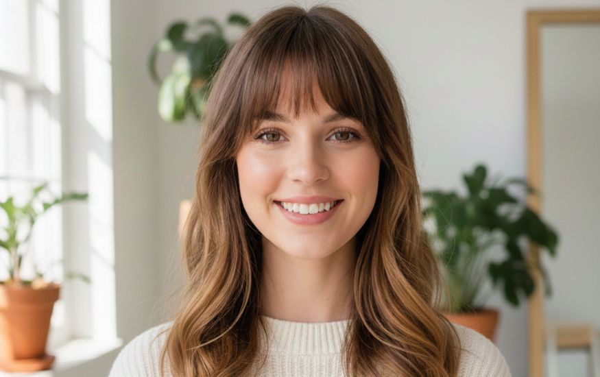 A professional hair how to style bangs guide featuring a woman with light brown wavy hair and a full fringe. The image includes circular inset photos of different bang styles and text listing styling options.