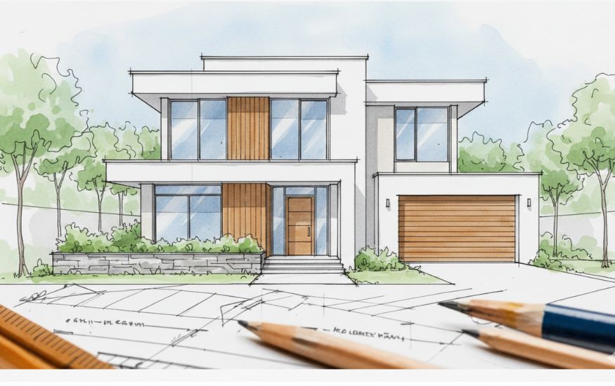 An architectural sketch and rendering of a modern two-story home with large glass windows and wood paneling, showcasing the Basic Architectural Style Kdarchistyle.