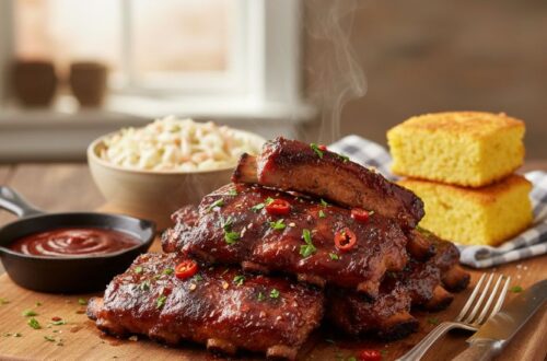 A stack of succulent, glazed pork ribs garnished with red chili peppers and herbs, titled How to Cook Country-Style Ribs, served on a wooden board with coleslaw and cornbread.