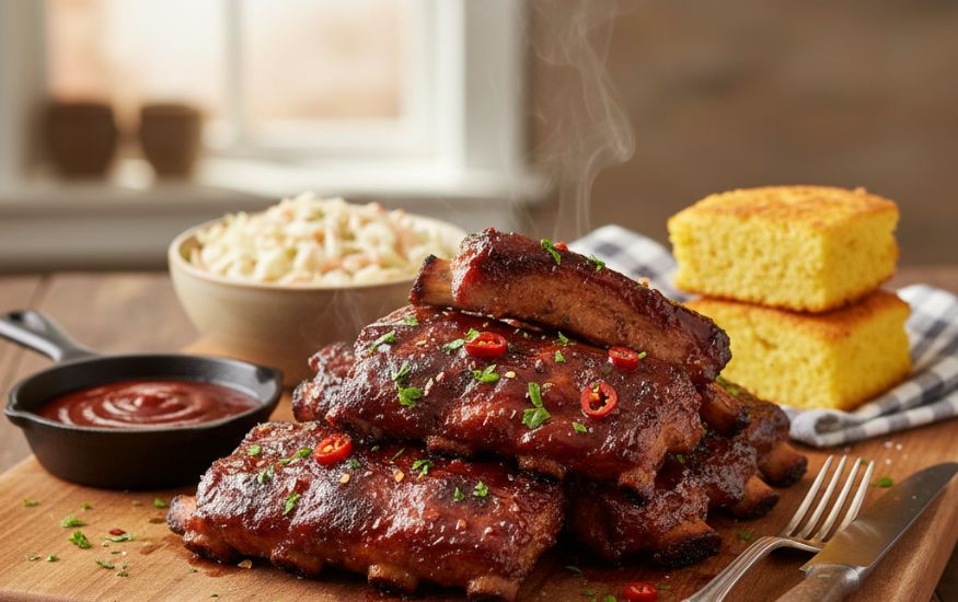 A stack of succulent, glazed pork ribs garnished with red chili peppers and herbs, titled How to Cook Country-Style Ribs, served on a wooden board with coleslaw and cornbread.
