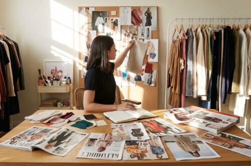 A young woman sitting at a desk in a fashion studio, researching how to find your style by looking at a mood board, fabric swatches, and clothing racks.
