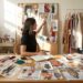 A young woman sitting at a desk in a fashion studio, researching how to find your style by looking at a mood board, fabric swatches, and clothing racks.