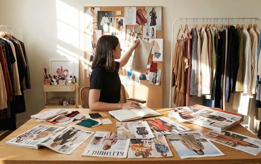 A young woman sitting at a desk in a fashion studio, researching how to find your style by looking at a mood board, fabric swatches, and clothing racks.