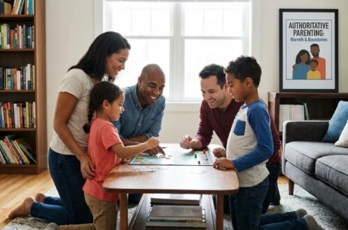 A happy, diverse family playing a board game together in a cozy living room, illustrating which parenting style is most encouraged in modern america?—Authoritative Parenting.