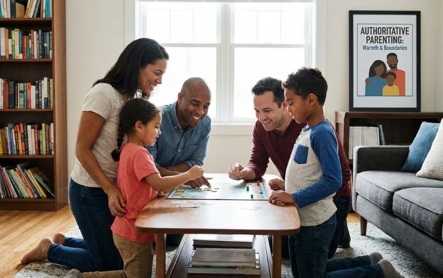 A happy, diverse family playing a board game together in a cozy living room, illustrating which parenting style is most encouraged in modern america?—Authoritative Parenting.